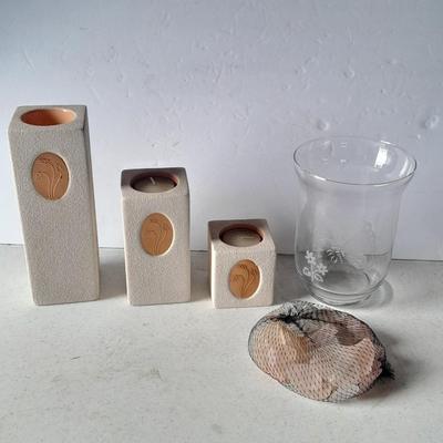 Partylite tea candle tiered candle sconces, Butterfly etched vase and small bag of decorative rock