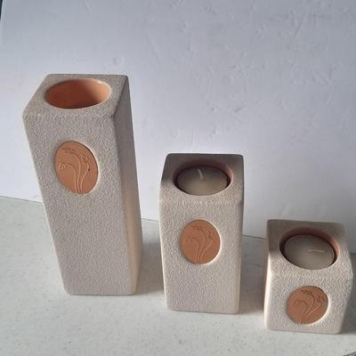 Partylite tea candle tiered candle sconces, Butterfly etched vase and small bag of decorative rock