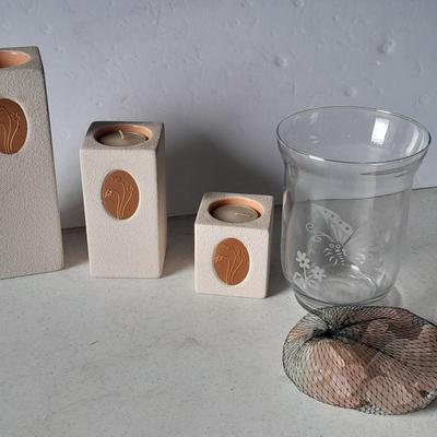 Partylite tea candle tiered candle sconces, Butterfly etched vase and small bag of decorative rock