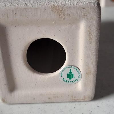 Partylite tea candle tiered candle sconces, Butterfly etched vase and small bag of decorative rock