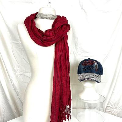 237 "KISS" Studded Rhinestone Cap with Rhinestone Choker and Earring Set, Red Scarf