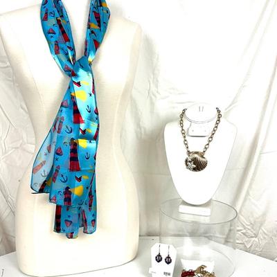 240 Nautical Scarf with Seashell & Starfish Necklace, Anchor Earrings and Bracelet