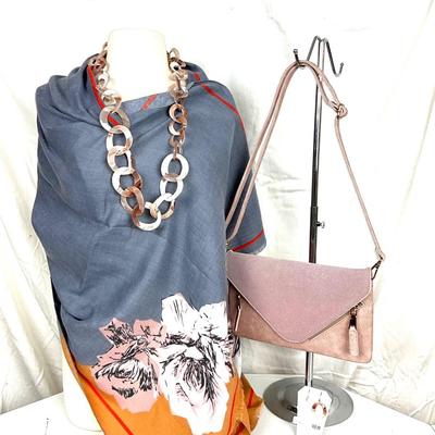 241 Pink and Grey Floral Shawl with Shell Link Necklace and Earrings, Pink Handbag