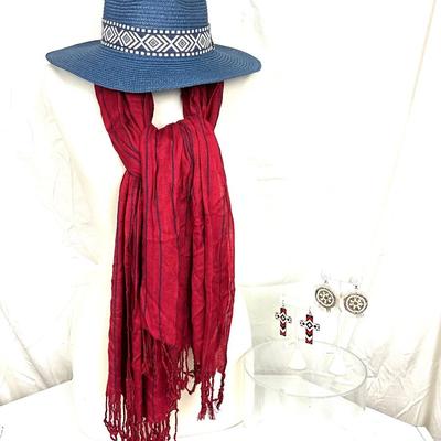 242 Blue Sunhat, Red Scarf, Beaded Earrings with Aztec Cross Earrings