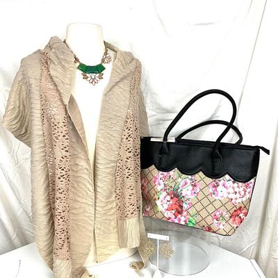 243 Floral Handbag with Taupe Crochet Shawl/Wrap, Green Beaded Necklace, Gold Tone Earrings