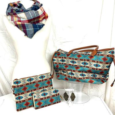 245 Three in One Aztec Style Handbag with Filigree Earrings and Plaid Infinity Scarf