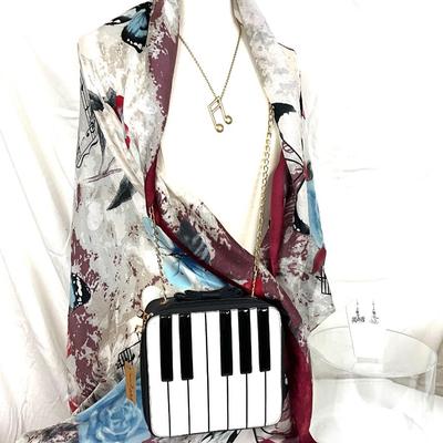 247 Piano Purse with Musical Scarf/Wrap, Music Notes Necklace, I Love Music Earrings