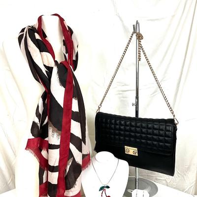248 Black And Gold Quilted Purse, Animal  Print Scarf, Cherry Necklace, Red Beaded Earrings