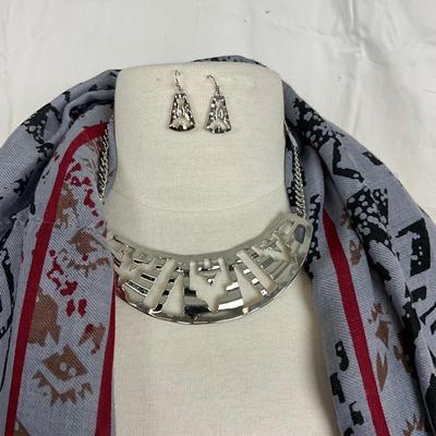 250 Aztec Shawl with Silvertone  Earrings and Necklace Set