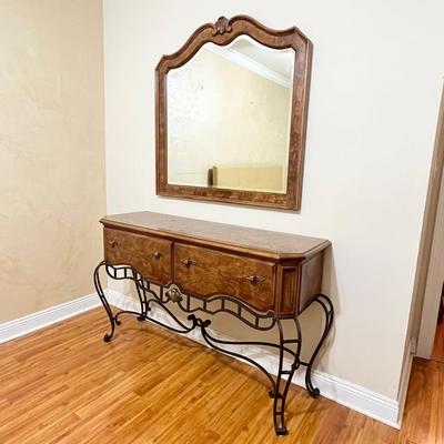 AMERICAN OF MARTINSVILLE ~ Inlaid Burl Wood & Metal Console Table ~ Matching Beveled Mirror
