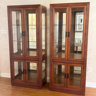 Pair (2) ~  Lighted Solid Wood Mirrored Curio Cabinets