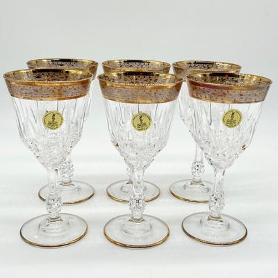 CRISTALLO AL PIOMBO ~ Set Of Six (6) ~ Genuine Lead Crystal Gold Rim Wine Glasses