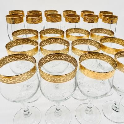 CIRCLEWARE CRYSTAL ~ CRZ9 ~ Gold Rim Goblets & Champagne ~ 2 Piece Service For 12