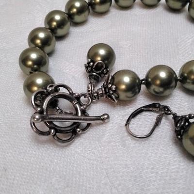 Olive Green "Pearl" Beads 7" Bracelet and Earrings