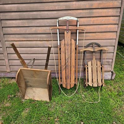 Two Vintage Sleds & Wheelbarrow  (OB3-JS)