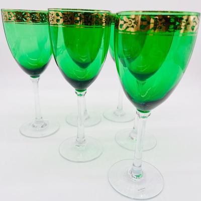Jade Green Gold Border Goblets ~ Mouth Blown ~ Set Of Six (6)