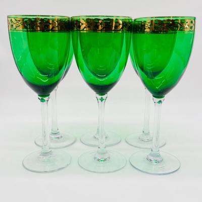 Jade Green Gold Border Goblets ~ Mouth Blown ~ Set Of Six (6)