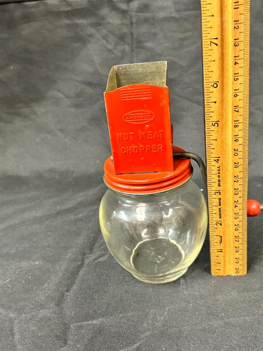 Vintage Manual Hand Crank Nut Meat Chopper Red Metal with Glass