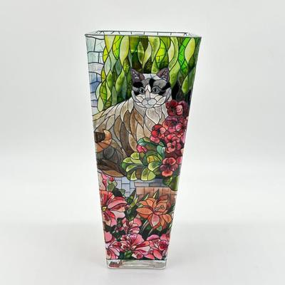 AMIA ~ Hand Painted Mosaic Vase ~ Cat Themed ~ Like New