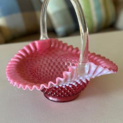 Fenton Cranberry Opalescent Hobnail Crimped Rim Art Glass Basket Pink and White
