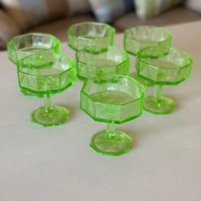 Vintage Uranium Floral Etched Glass Stem Pedestal Candy Dish Set of 7