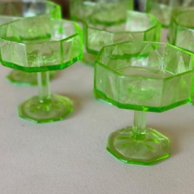 Vintage Uranium Floral Etched Glass Stem Pedestal Candy Dish Set of 7