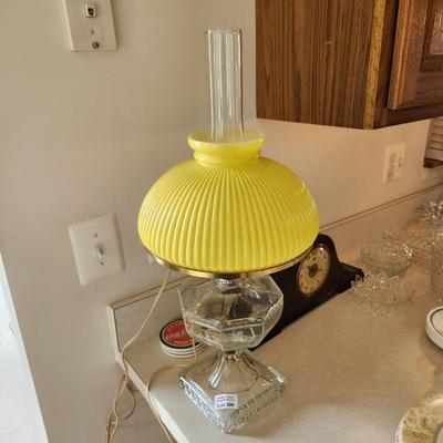 Vintage Converted Oil lamp Table Lamp Light Yellow Ribbed Shade