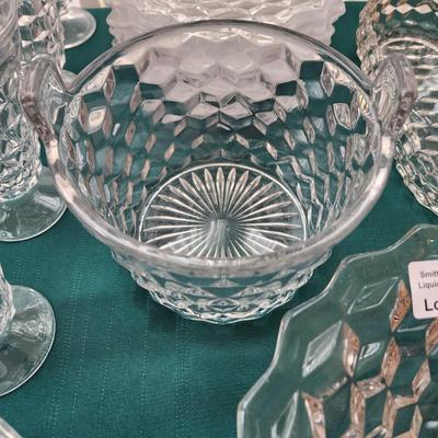 large Lot of Fostoria American Glass Bowl , Ice Tea Glasses , Plates, Sherbet, Salt pepper