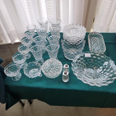 large Lot of Fostoria American Glass Bowl , Ice Tea Glasses , Plates, Sherbet, Salt pepper