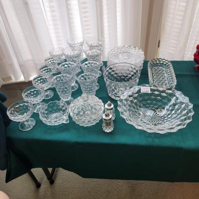 large Lot of Fostoria American Glass Bowl , Ice Tea Glasses , Plates, Sherbet, Salt pepper