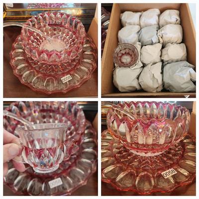 Heavy Cut Glass Punch Bowl On Charger with 12 Cups & Ladel