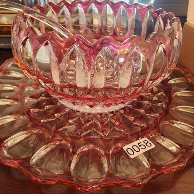 Heavy Cut Glass Punch Bowl On Charger with 12 Cups & Ladel