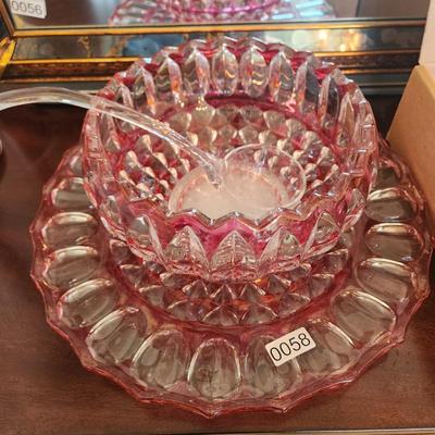 Heavy Cut Glass Punch Bowl On Charger with 12 Cups & Ladel