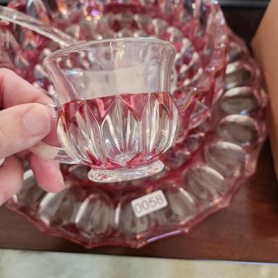 Heavy Cut Glass Punch Bowl On Charger with 12 Cups & Ladel