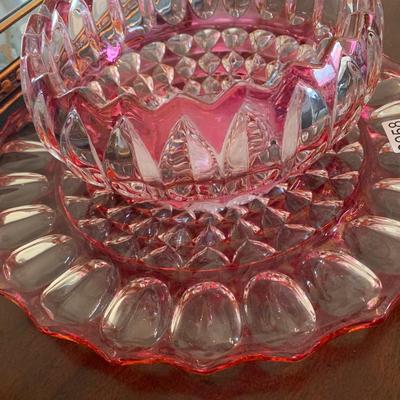 Heavy Cut Glass Punch Bowl On Charger with 12 Cups & Ladel