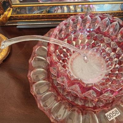 Heavy Cut Glass Punch Bowl On Charger with 12 Cups & Ladel