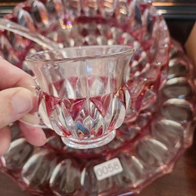 Heavy Cut Glass Punch Bowl On Charger with 12 Cups & Ladel