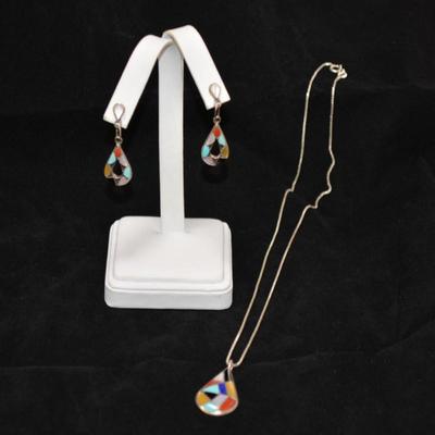 Matching 925 Sterling Cube Chain w/ 925 Pendant & Earrings 18" 11.1g