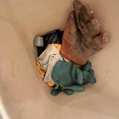 Various Work Gloves & Trash Can