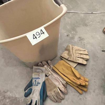 Various Work Gloves & Trash Can