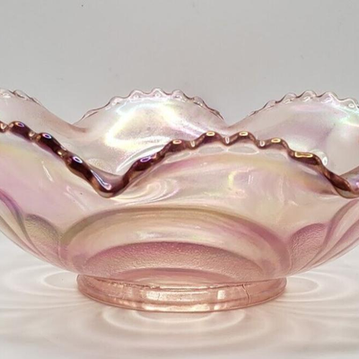 IMPERIAL ~ Lennox Pink Iridescent Carnival Glass Crimped Bowl