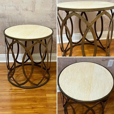 Pair (2) ~ Distressed Style ~ Metal Accent Marble Top Tables