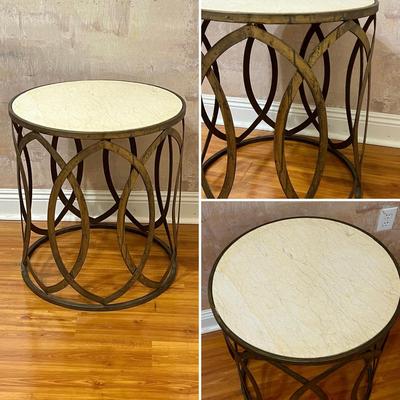 Pair (2) ~ Distressed Style ~ Metal Accent Marble Top Tables
