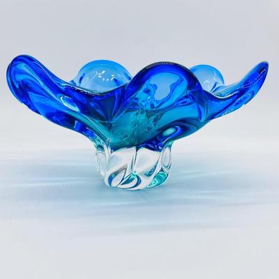 MURANO ~ Blue & Green Pedestal Art Glass Bowl/Candy Dish