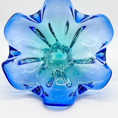 MURANO ~ Blue & Green Pedestal Art Glass Bowl/Candy Dish