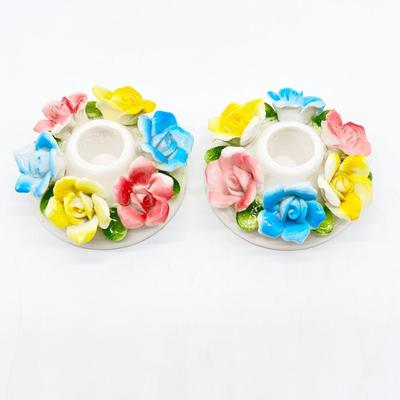 Pair (2) ~ Porcelain Flowers Candle Stick Holders