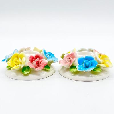 Pair (2) ~ Porcelain Flowers Candle Stick Holders