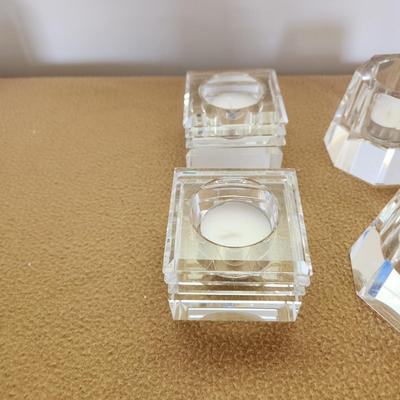 5 Oleg Cassini Crystal 2 Square Pillar &3  8 sided Candle Holders Signed Vintage