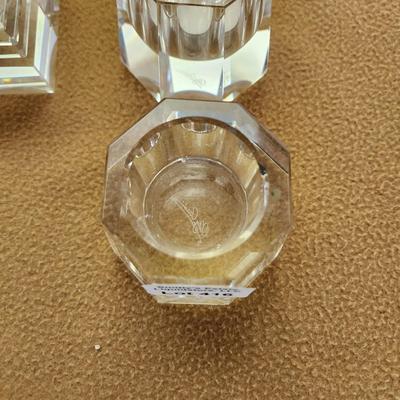 5 Oleg Cassini Crystal 2 Square Pillar &3  8 sided Candle Holders Signed Vintage