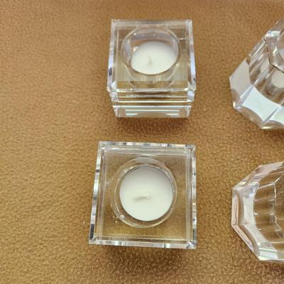 5 Oleg Cassini Crystal 2 Square Pillar &3  8 sided Candle Holders Signed Vintage